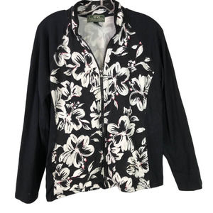 L-RL Ralph Lauren Active Hibiscus‎ Floral Black & White Jacket Women, Sz XL